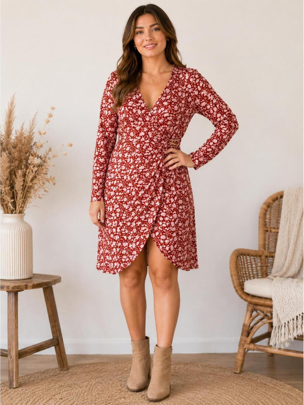 NWT Luxology Fall Print Wrap Dress Size L Rust Red‎ Boho Midi